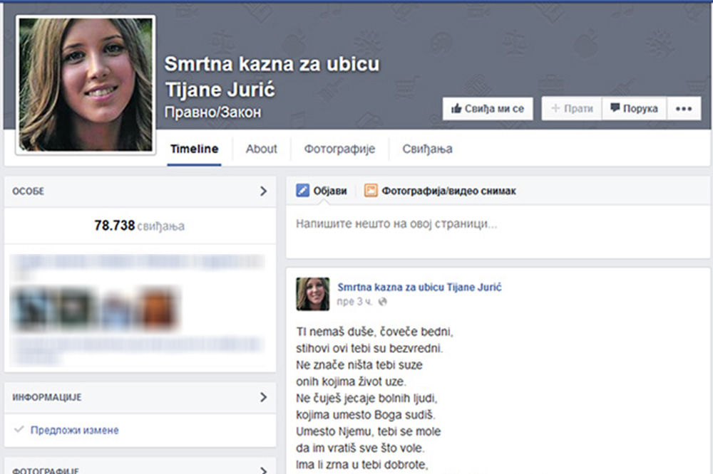 INICIJATIVA NA FEJSBUKU: Više od 73.000 ljudi traži smrtnu kaznu za ubicu Tijane Jurić! (ANKETA)