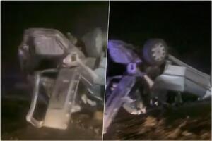 STRAVIČNA SAOBRAĆAJNA NESREĆA KOD BEGEČA! Automobil potpuno izlomljen, ostao prevrnut na krovu! (VIDEO)